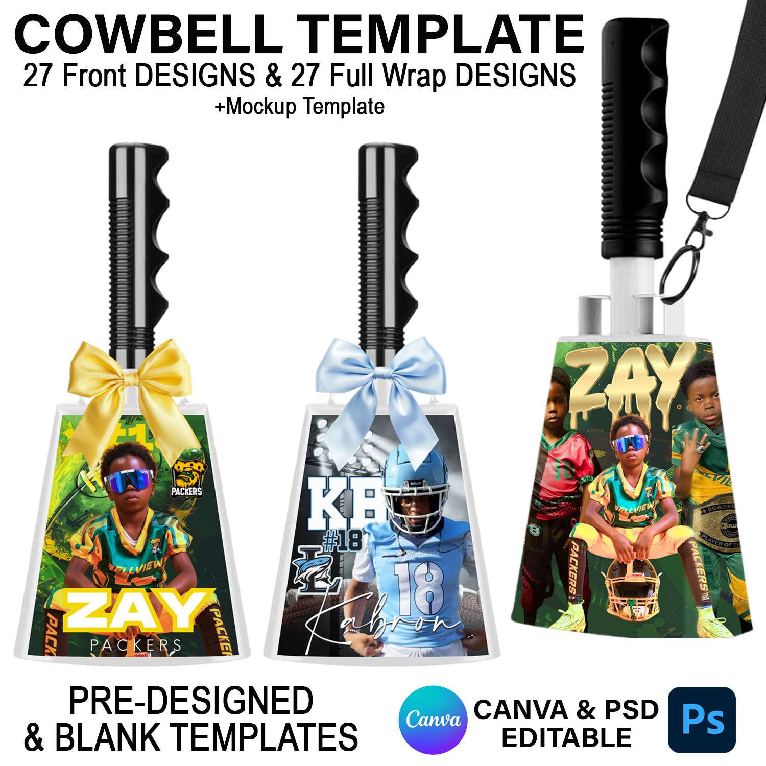 Cowbell Template | 27 Pre-Designed & Blank Full Wrap + Front Designs | Canva & PSD Editable Sports Cowbell Mockup